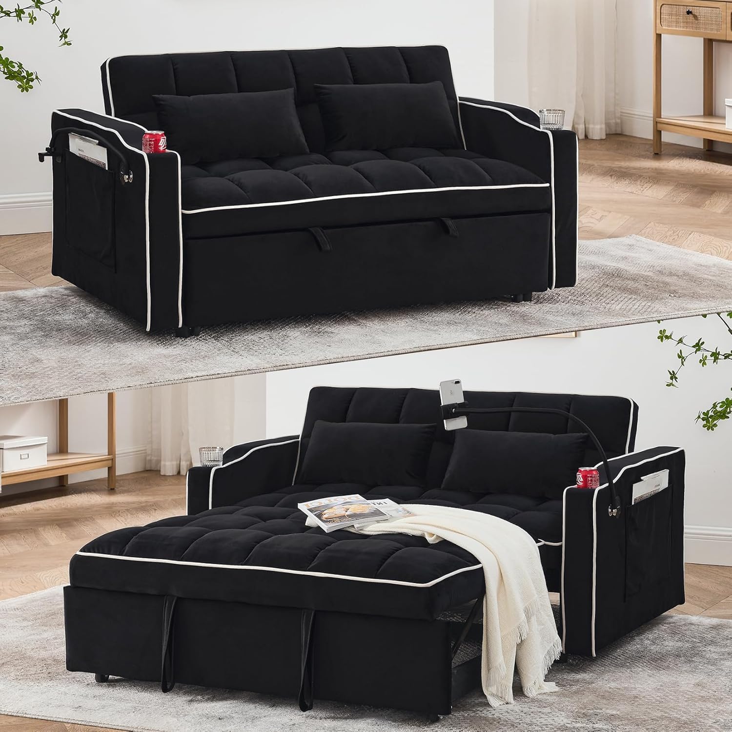 Merax Black Foldable Sofa Bed with 2 USB Charging Ports, Pull Out Velvet Loveseat Sleeper with Phone Holder, Modern Futon Couch with Cup Holders & Adjustable Backrest for Living Room