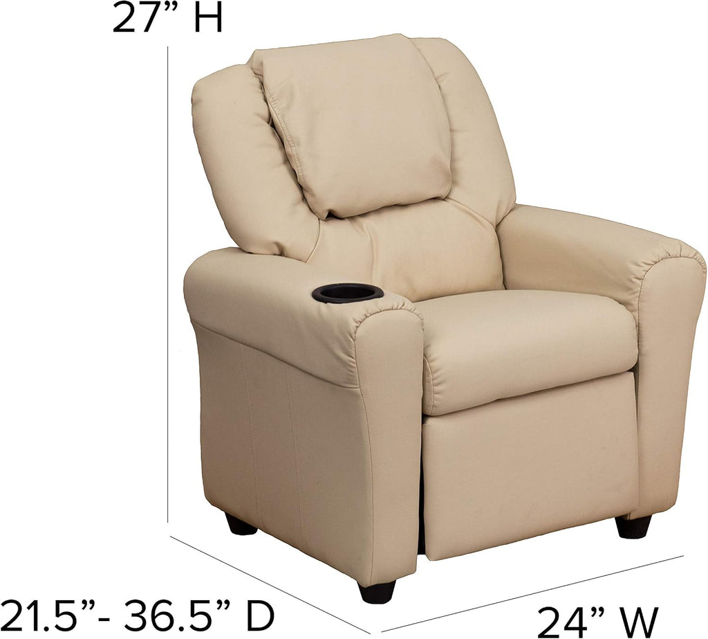 EMMA + OLIVER Beige Vinyl Kids Recliner with Cup Holder and Headrest