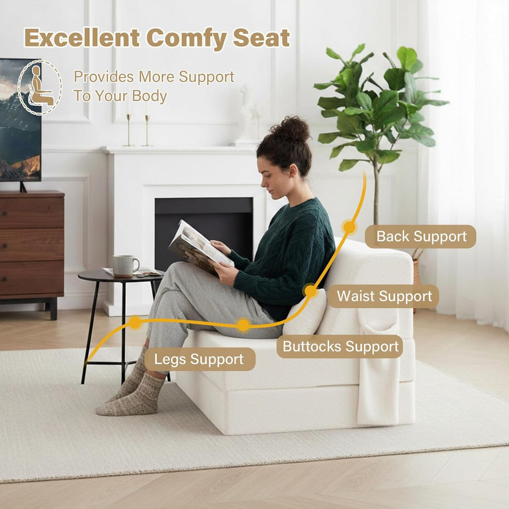 Tiita Convertible Folding Sofa Bed Single Size for Adults with Pillow, Plush Fabric Floor Mattress Couch Bed, Washable Cover & Side Pocket, Guest Room, Dorm, Apartment, Living Room, Beige