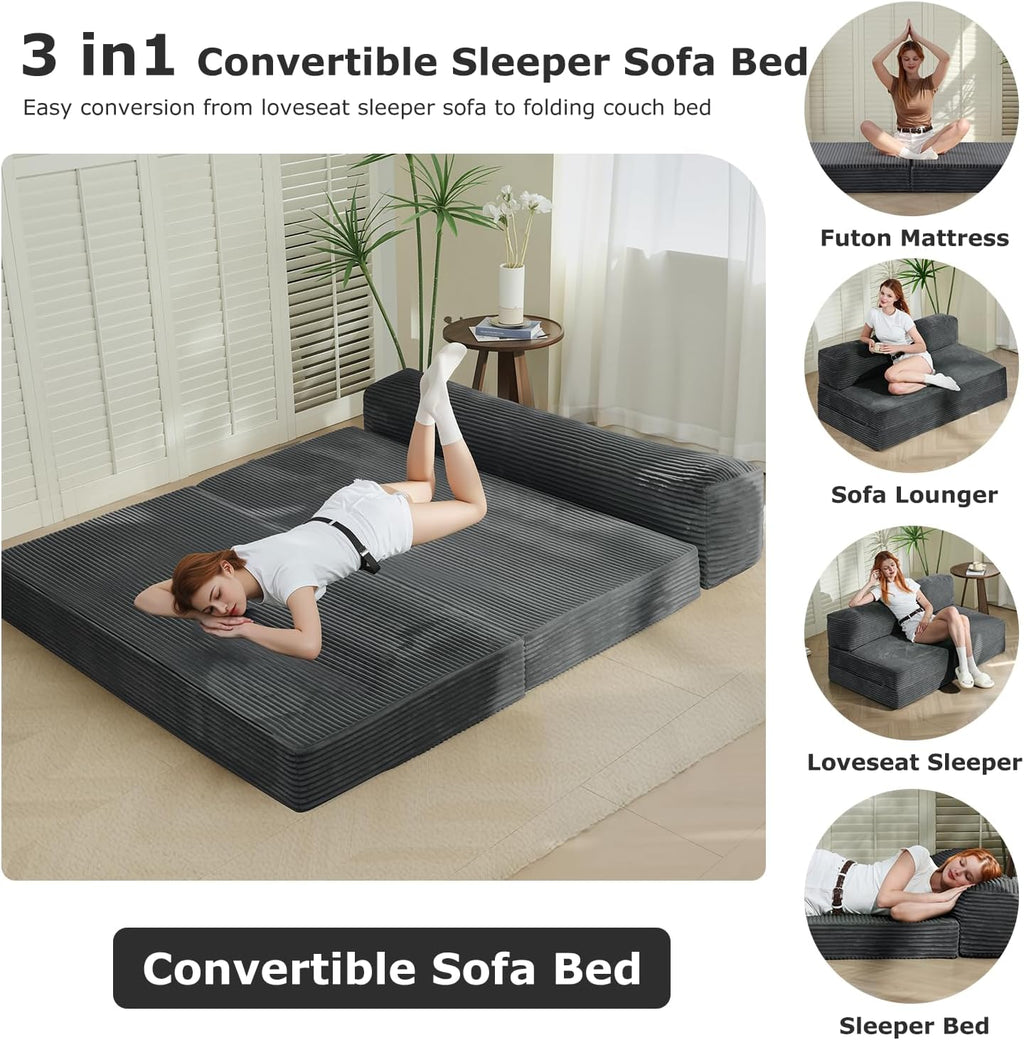 6-inch Convertible Sofa Bed, Floor Bed & Sleeping Couch with Removable Corduroy Cover & Carry Handles, High-Density Foam (Grey, Queen)