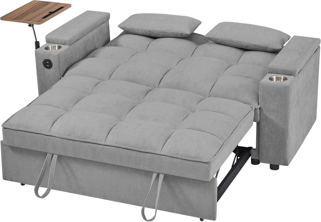 hansones 65'' Convertible Sofa Bed 3-in-1 Pull Out Couch, Folding Sleeper Sofa with 360° Swivel Side Table, Modern Chenille Fabric Futon, Small Space Living Room Furniture, Easy Assembly