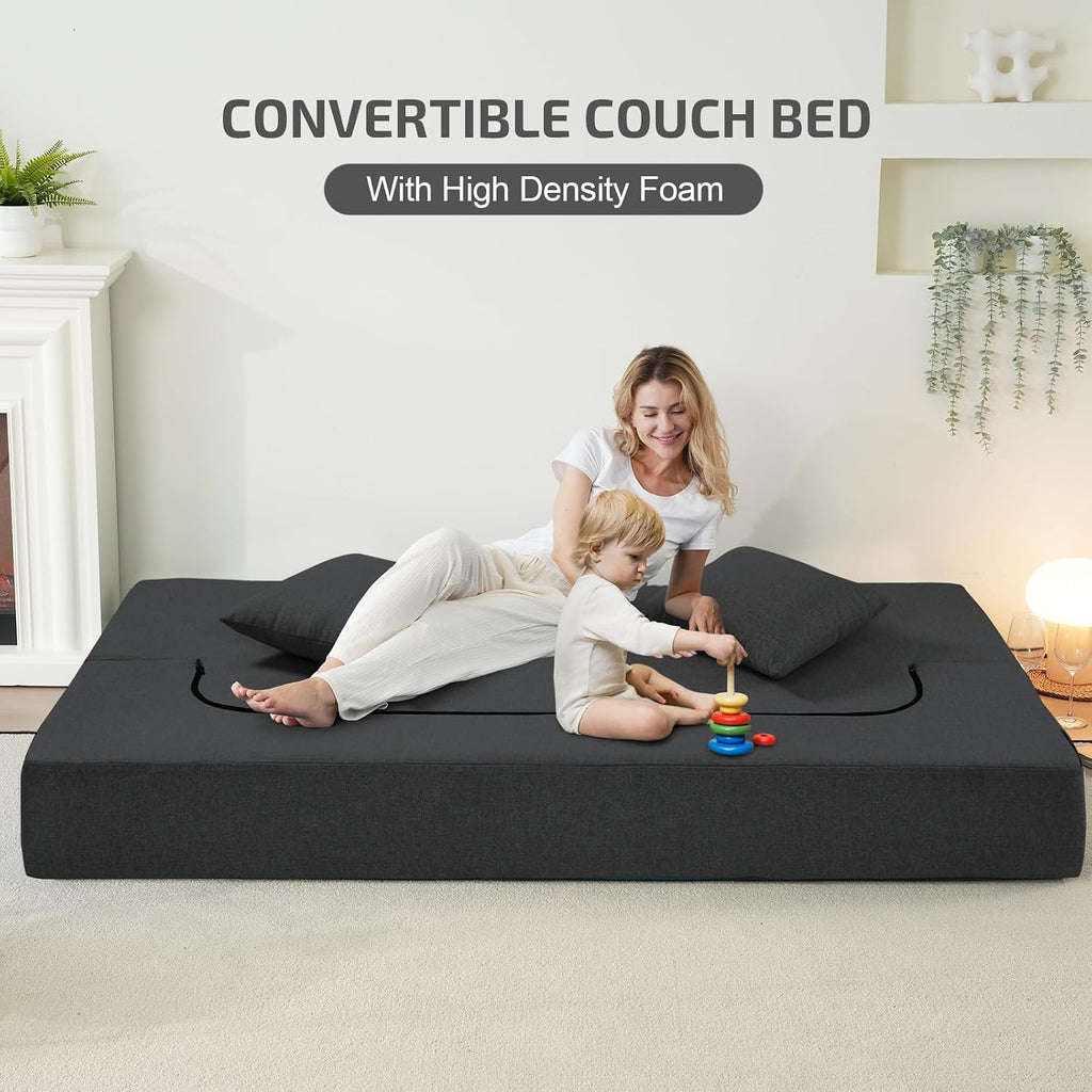 SUYOLS 2-in-1 Folding Sofa Bed with Pillows - Folding Chair Floor Couch & Sleeping Mattress - Washable Cover & Memory Foam Sleeper Chair for Living Room/Guest Room/Apartment/Loft, Dark Gray, Twin XL