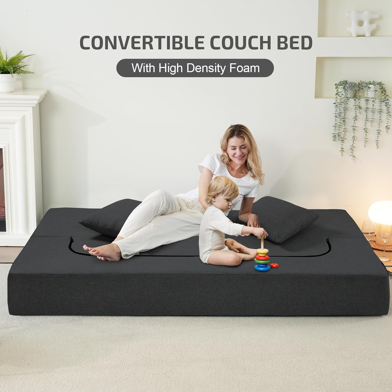 SUYOLS 2-in-1 Folding Sofa Bed with Pillows - Folding Chair Floor Couch & Sleeping Mattress - Washable Cover & Memory Foam Sleeper Chair for Living Room/Guest Room/Apartment/Loft, Dark Gray, Twin XL