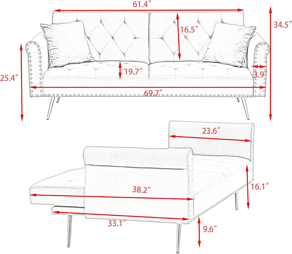 Convertible Futon Sofa Bed , Adjustable Sleeper Couch Modern Velvet Tufted Recliner Reversible Loveseat Folding Daybed Guest Bed Sofacama w/ Nailhead Trim and Golden Metal Legs for Living Room Office