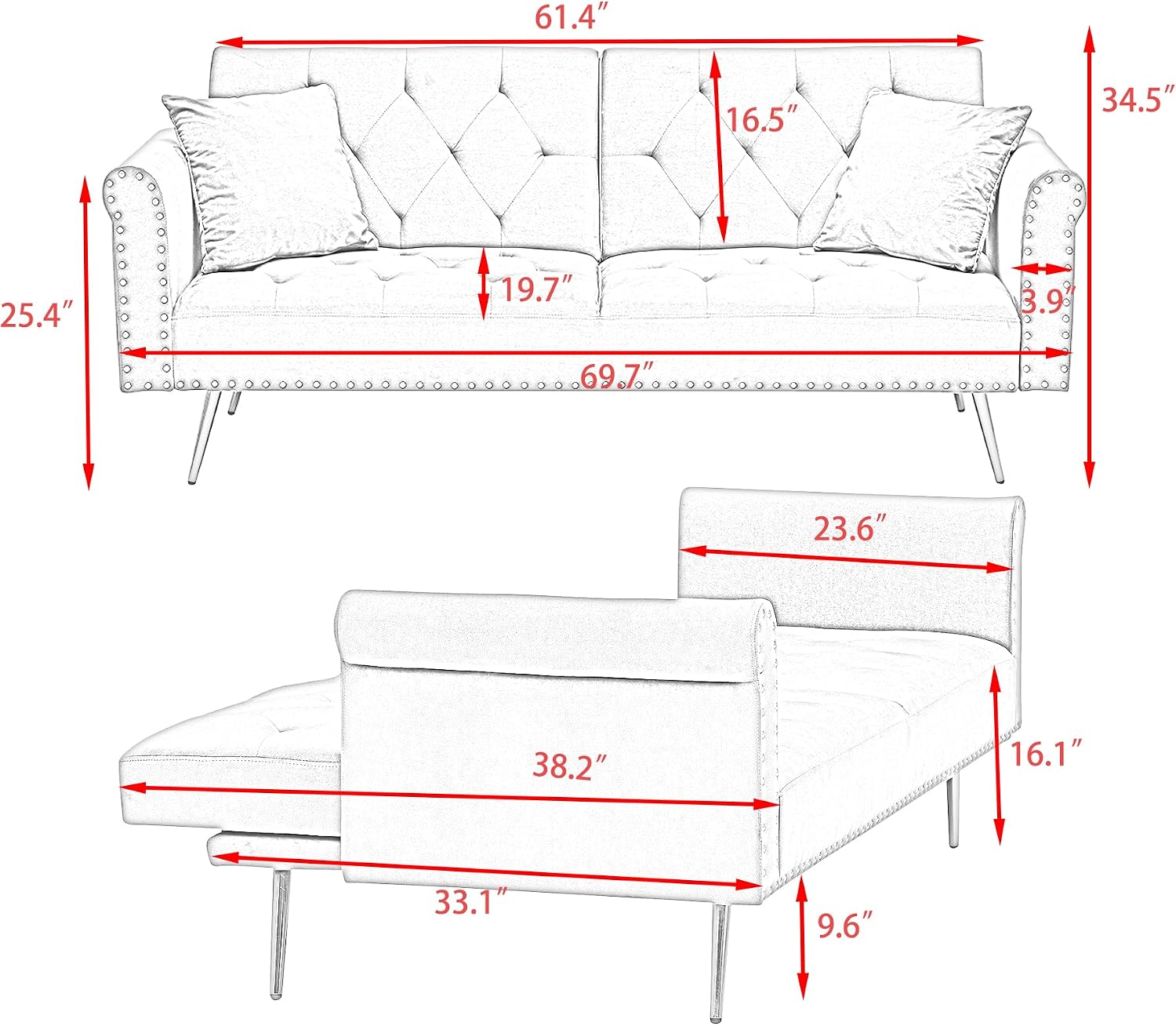 Convertible Futon Sofa Bed , Adjustable Sleeper Couch Modern Velvet Tufted Recliner Reversible Loveseat Folding Daybed Guest Bed Sofacama w/ Nailhead Trim and Golden Metal Legs for Living Room Office