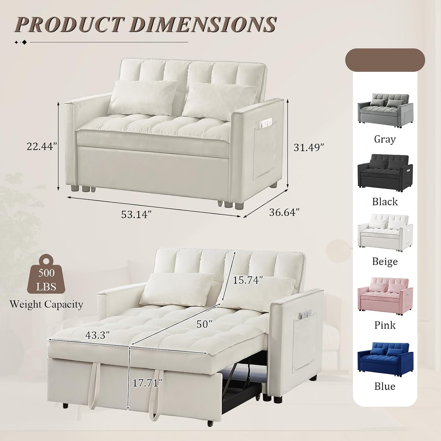 3 in 1 Convertible Sleeper Sofa Bed, Futon Couches for Living Room with Side Pocket/Adjustable Backrest, Velvet Upholstered Pull Out Couch, Small Loveseat Sofa Bed for Bedroom Office Small Spaces