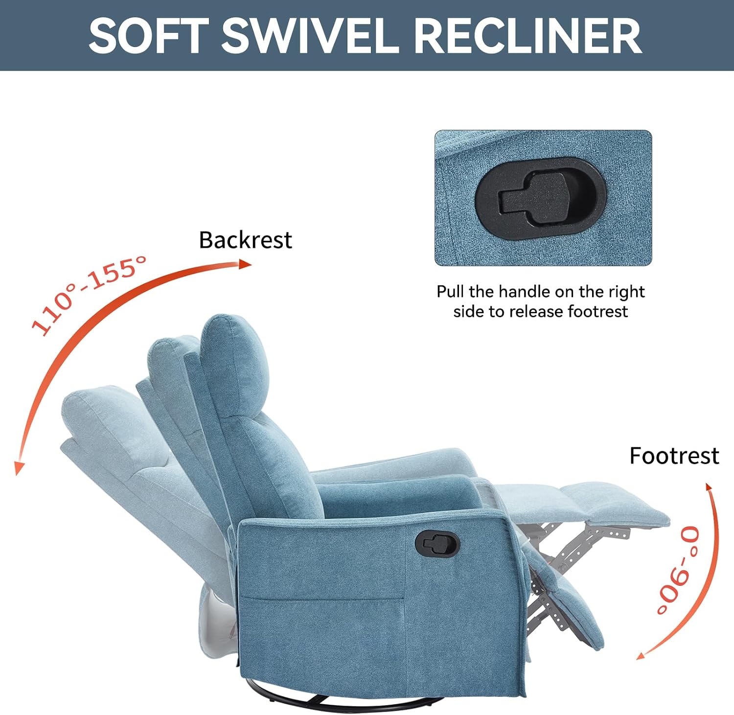 Massage Chair Recliner with Heat, 360° Swivel Glider Rocker with Reclining Backrest and Footrest, Manual Lazy Boy Recliners for Adults, Modern Nursery Rocking Chairs (Blue)