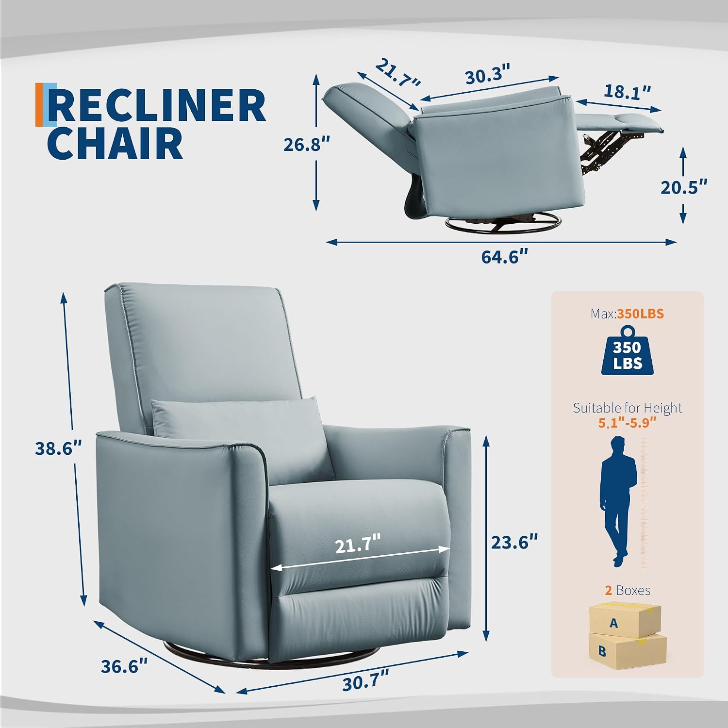 IDEALHOUSE Swivel Rocking Nursery Recliner Chair Rocker Recliner Glider Deep Seat PU Leather Sofa Chair with high Backrest for Nursery, Living Room, Bedroom & Home Movie Theater (Gray)