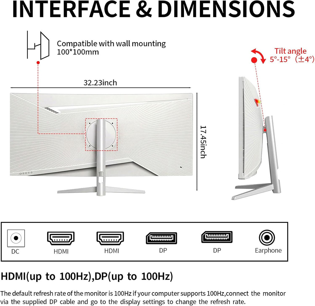 ZZA 34 Inch Ultrawide Curved Monitor Built in Speakers 4K Gaming Computer Monitor 100Hz, WQHD(3440x1440P) Curved 3800R 21:9 Ultra Wide PC Display, 130% sRGB, HDMI &DP, VESA Mount Compatible-White