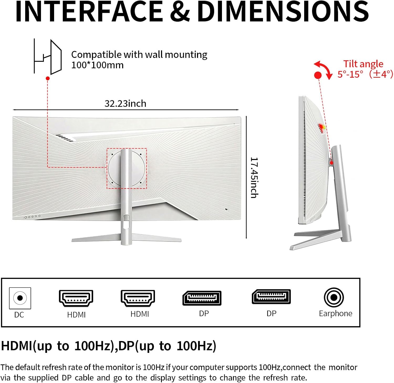 ZZA 34 Inch Ultrawide Curved Monitor Built in Speakers 4K Gaming Computer Monitor 100Hz, WQHD(3440x1440P) Curved 3800R 21:9 Ultra Wide PC Display, 130% sRGB, HDMI &DP, VESA Mount Compatible-White