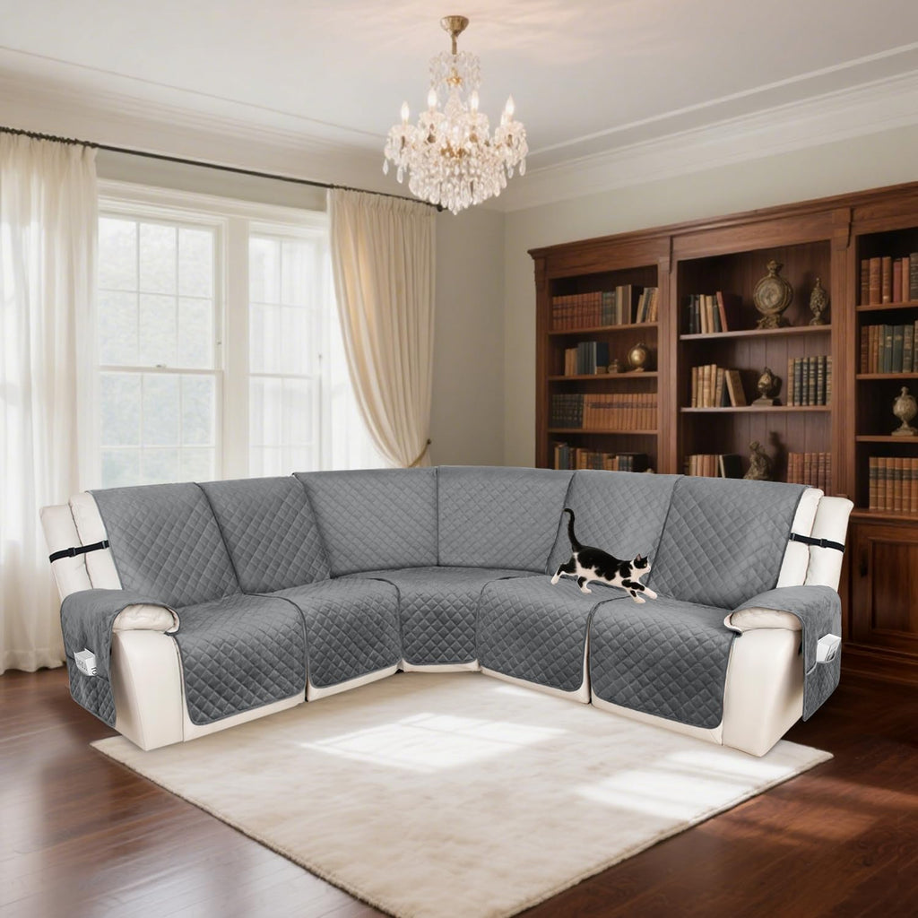 HDCAXKJ 100% Waterproof Velvet Recliner Sectional Couch Covers L Shaped Corner Reclining Sofa Cover Washable Thick Non Slip Sectional Slipcover with Pockets (5 Seat Recliner Couch, Grey)