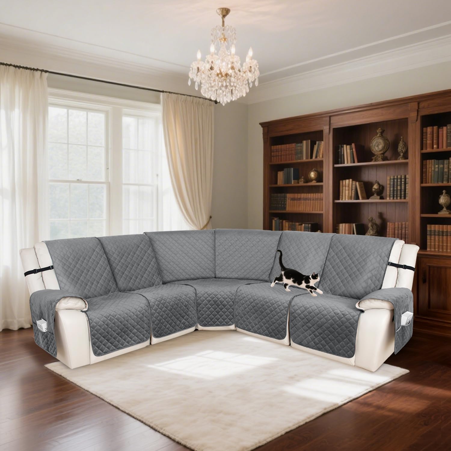 HDCAXKJ 100% Waterproof Velvet Recliner Sectional Couch Covers L Shaped Corner Reclining Sofa Cover Washable Thick Non Slip Sectional Slipcover with Pockets (5 Seat Recliner Couch, Grey)