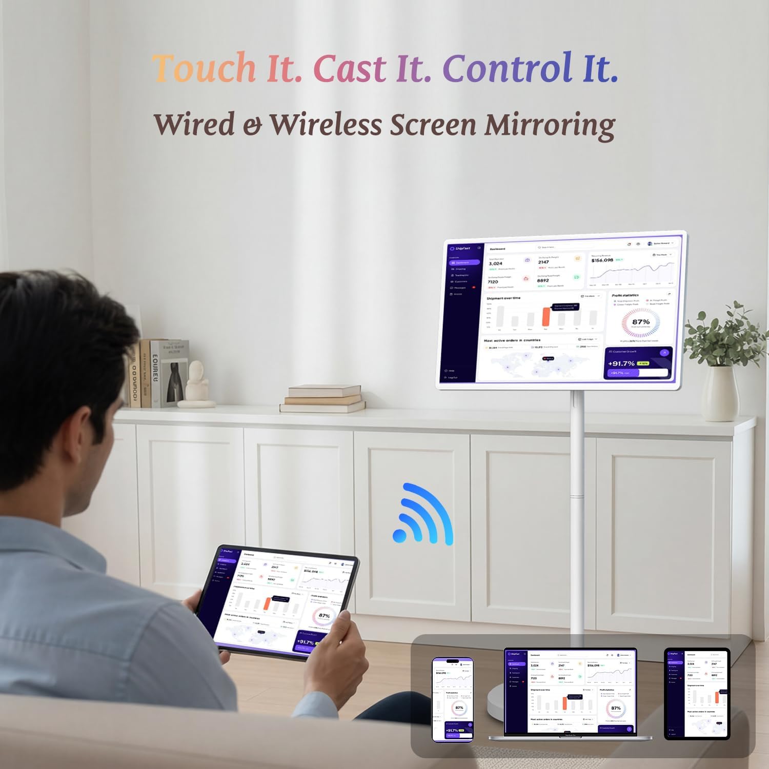 32 Inch Smart Portable TV, FHD Touch Screen Monitor on Wheels, Android 15, 8GB +128GB, Wireless Movable Display EDLA-Certified 5MP Camera 10W Stereo Speaker, 38,400 mAh Battery, Voice Airmouse Remote