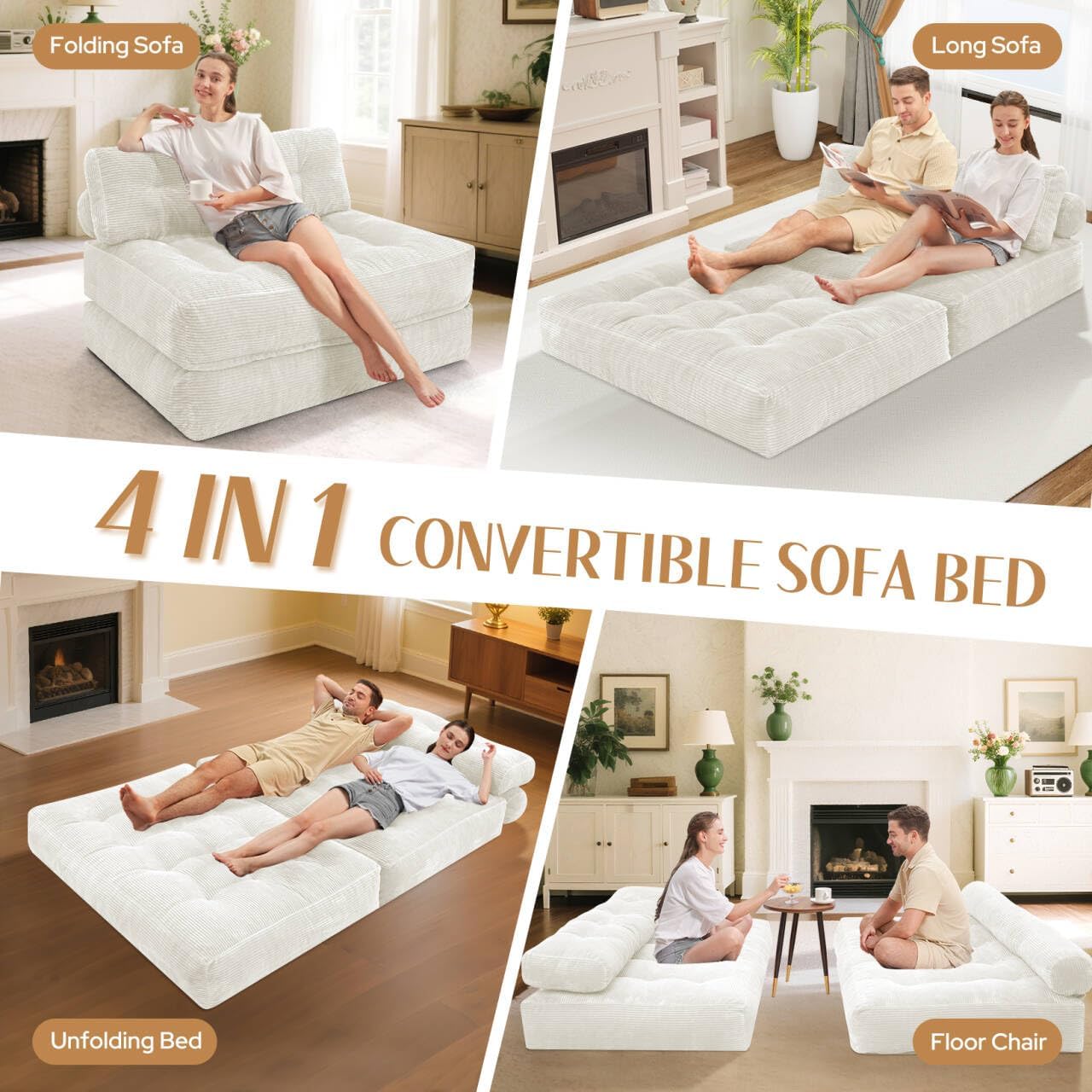 HABUTWAY Folding Sofa Bed, Foldable Floor Sofa Lounge w/Dual-Pillow & Handle, Convertible Sleeper Chair Bed w/Back Support for Living Room, Bedroom, Apartment, Office, Beige, Full