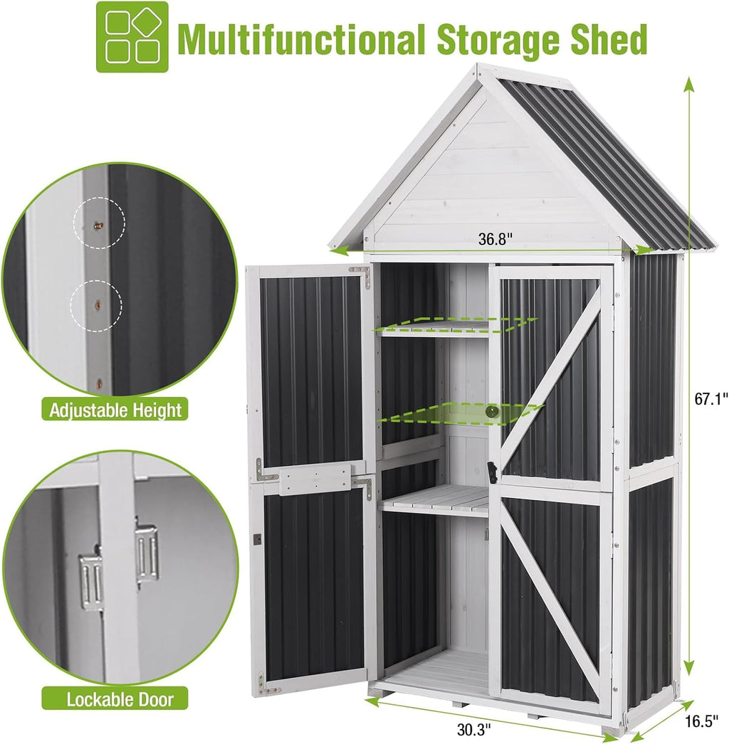 GUTINNEEN Outdoor Storage Shed with All Around Strong Metal Frame, Wooden Tool House with Floor & Adjustable Shelves, Garden Tool Sheds Cabinet for Backyard Garden Patio Lawn 67.1' H (Black＆White)