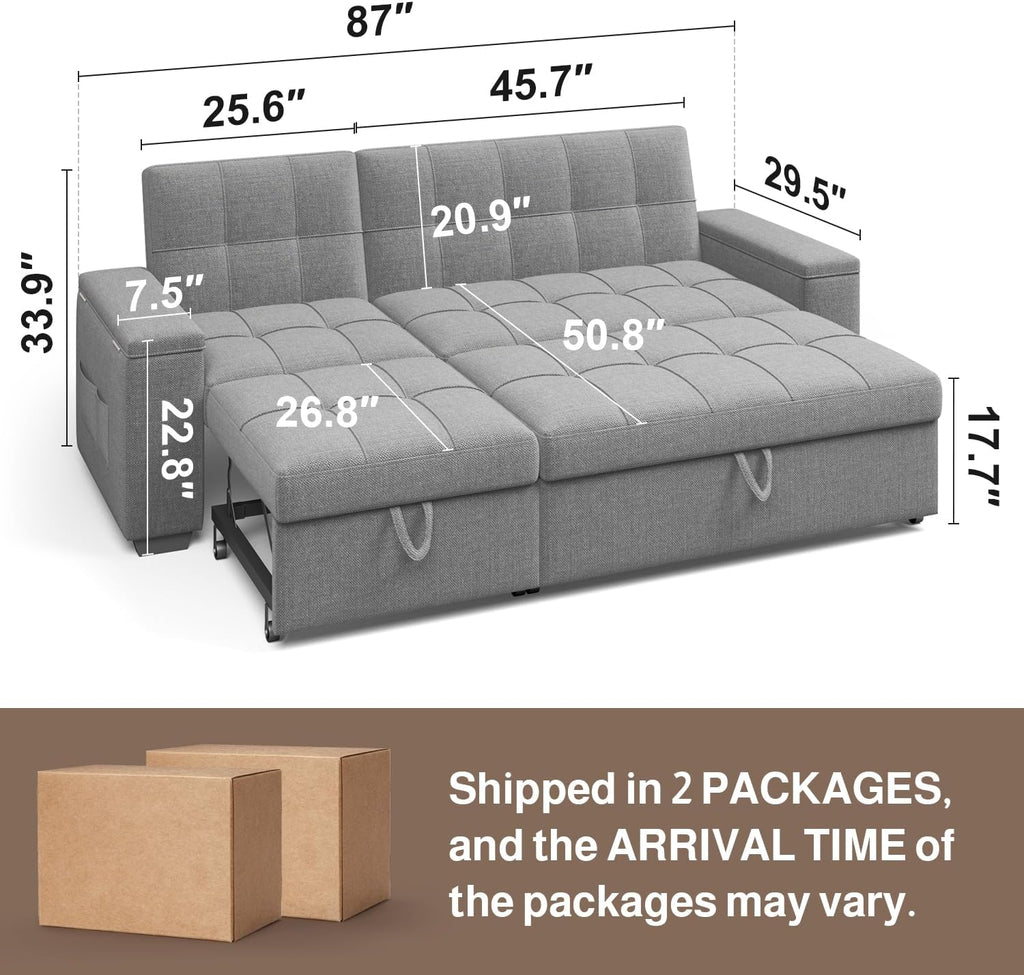 Ahomly 87' Convertible Sofa Bed – Space-Saving Sleeper with Pull-Out Design, Adjustable Backrest, Wide Armrests with Storage, Plush Cushions, Cozy for Small Spaces (Light Grey)