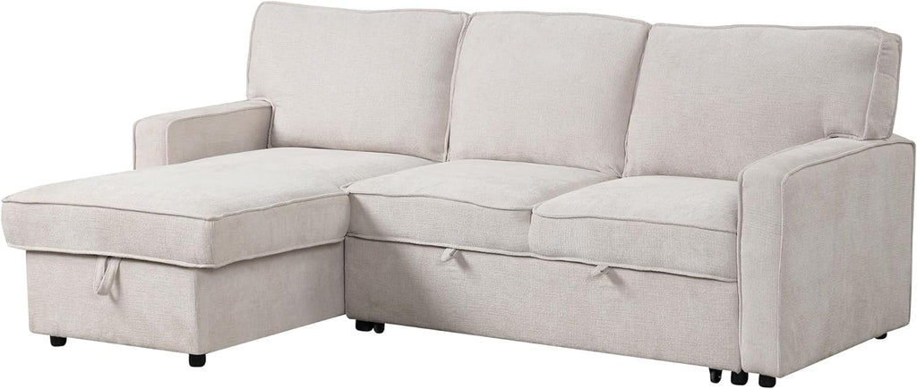 LUMISOL 89' Convertible Sleeper Sofa Bed, Modern L-Shaped Sectional Sofa Pull Out Couch with Chaise, Chenille Sofa Bed with Cup Holder, USB Ports for Living Room, Small Apartment, Beige