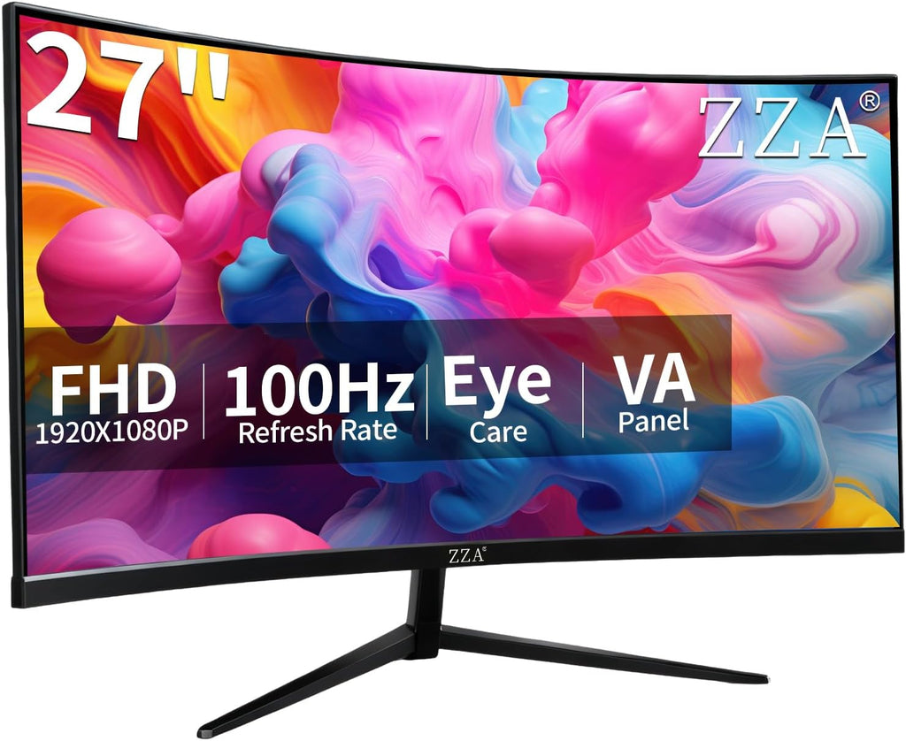 ZZA 27 inch 100Hz Curved Monitor with 1K 1920x1080 Computer Screen 27 inch FHD with HDMI,VGA and Wall Mountable|1080P Eye Care PC Office Display for Working and Gaming