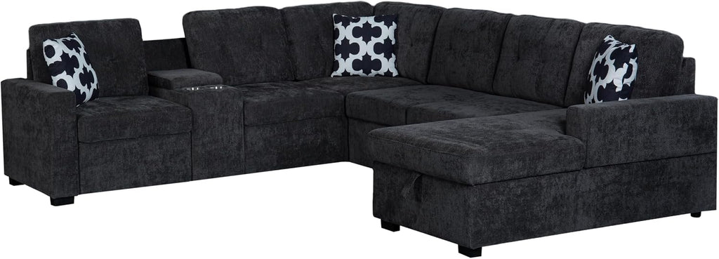 Ball & Cast L-Shape Convertible Sectional Sleeper Sofa Bed 2 in 1 Pull Out Couch with Storage Chaise & Cup Holders,6 Seat Chenille Upholstered Reversible Sleeper Corner Couch for Living Room,Dark Gray