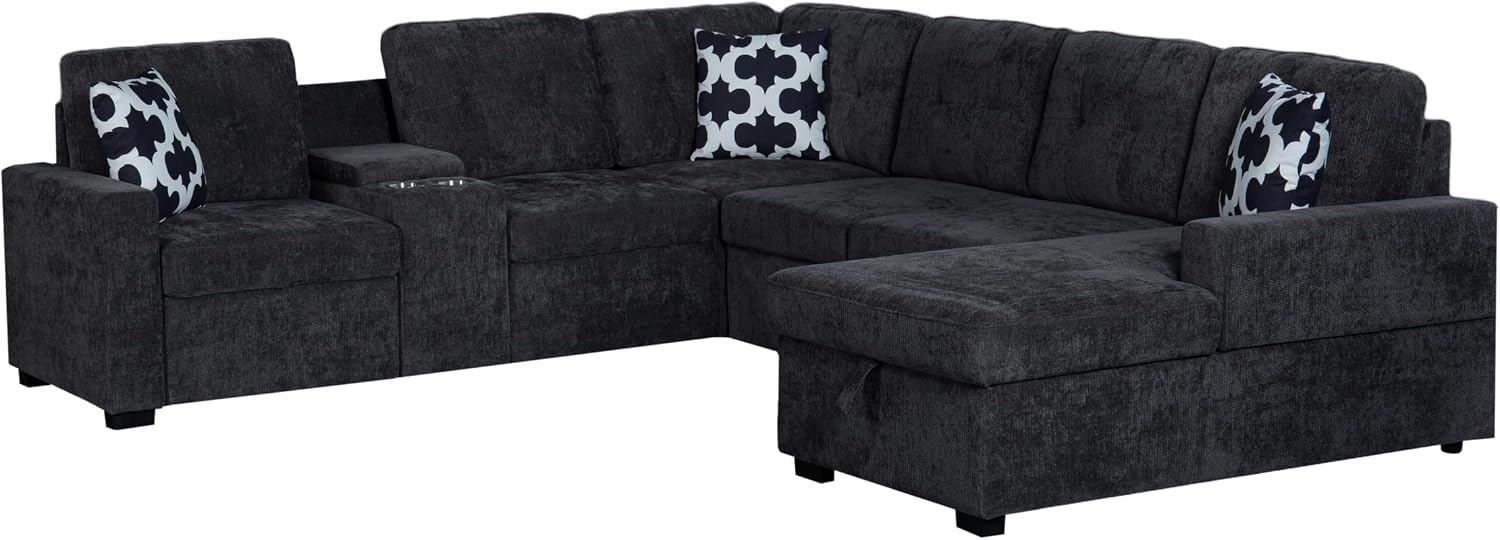 Ball & Cast L-Shape Convertible Sectional Sleeper Sofa Bed 2 in 1 Pull Out Couch with Storage Chaise & Cup Holders,6 Seat Chenille Upholstered Reversible Sleeper Corner Couch for Living Room,Dark Gray