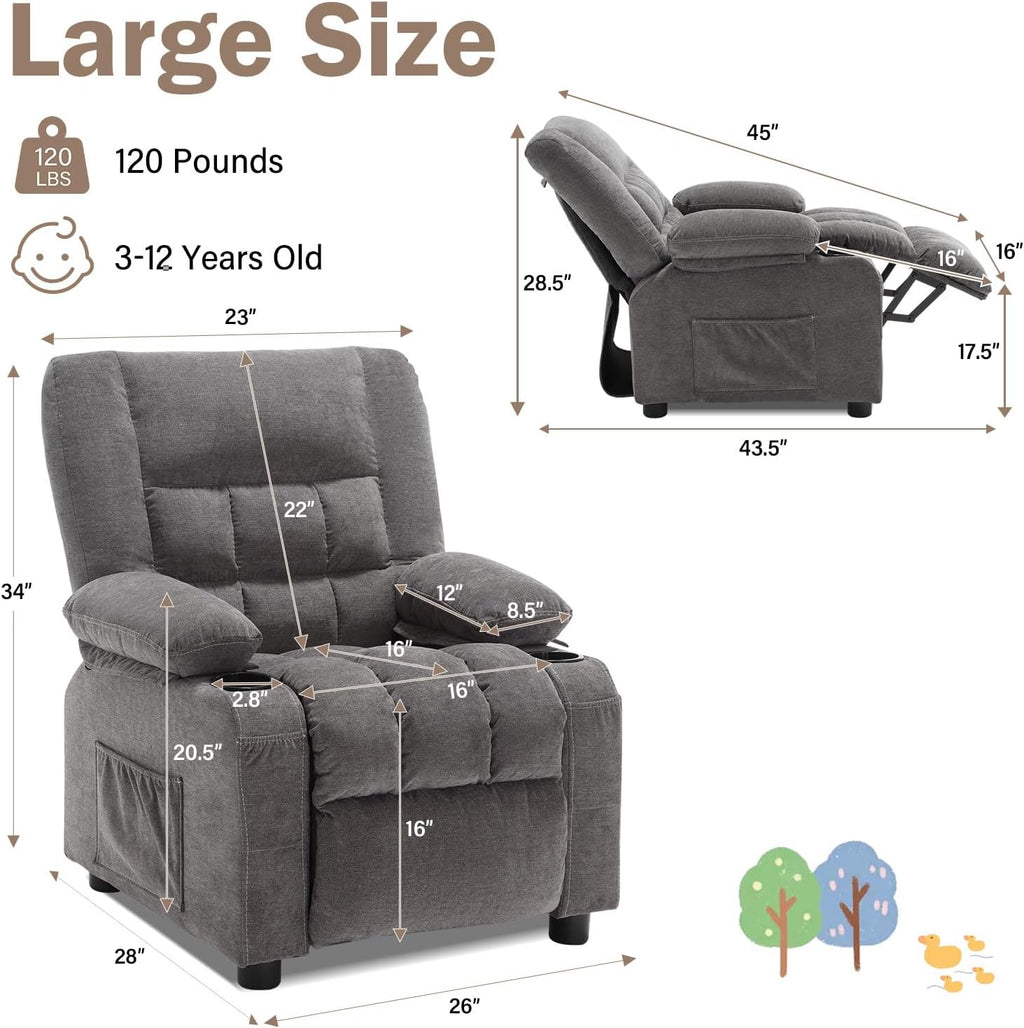 BOSMILLER Kids Recliner Chair， Push Back Toddler Recliner with Cup Holders & Side Pockets， Adjustable Footrest & Headrest Kids Sofa for Boys Girls 3+ Age Group