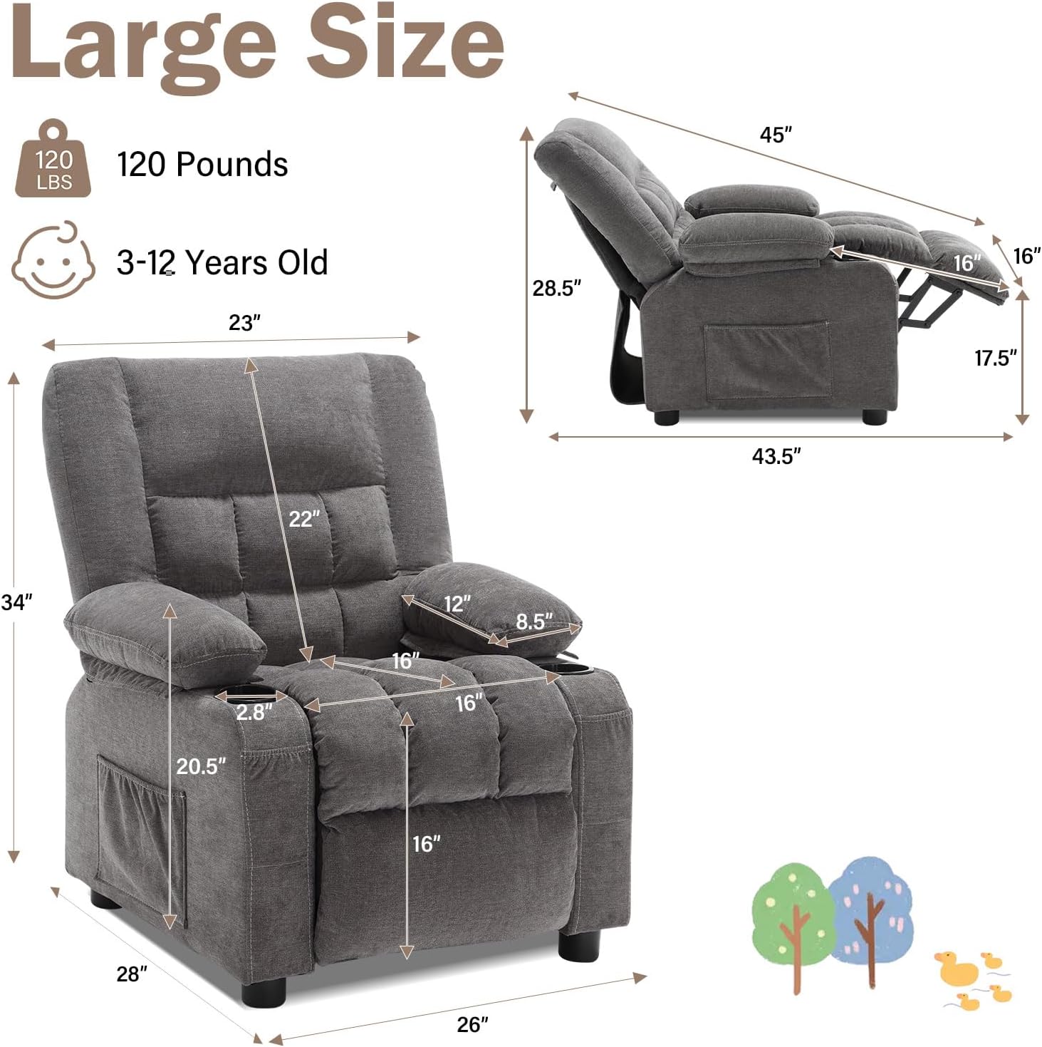BOSMILLER Kids Recliner Chair， Push Back Toddler Recliner with Cup Holders & Side Pockets， Adjustable Footrest & Headrest Kids Sofa for Boys Girls 3+ Age Group