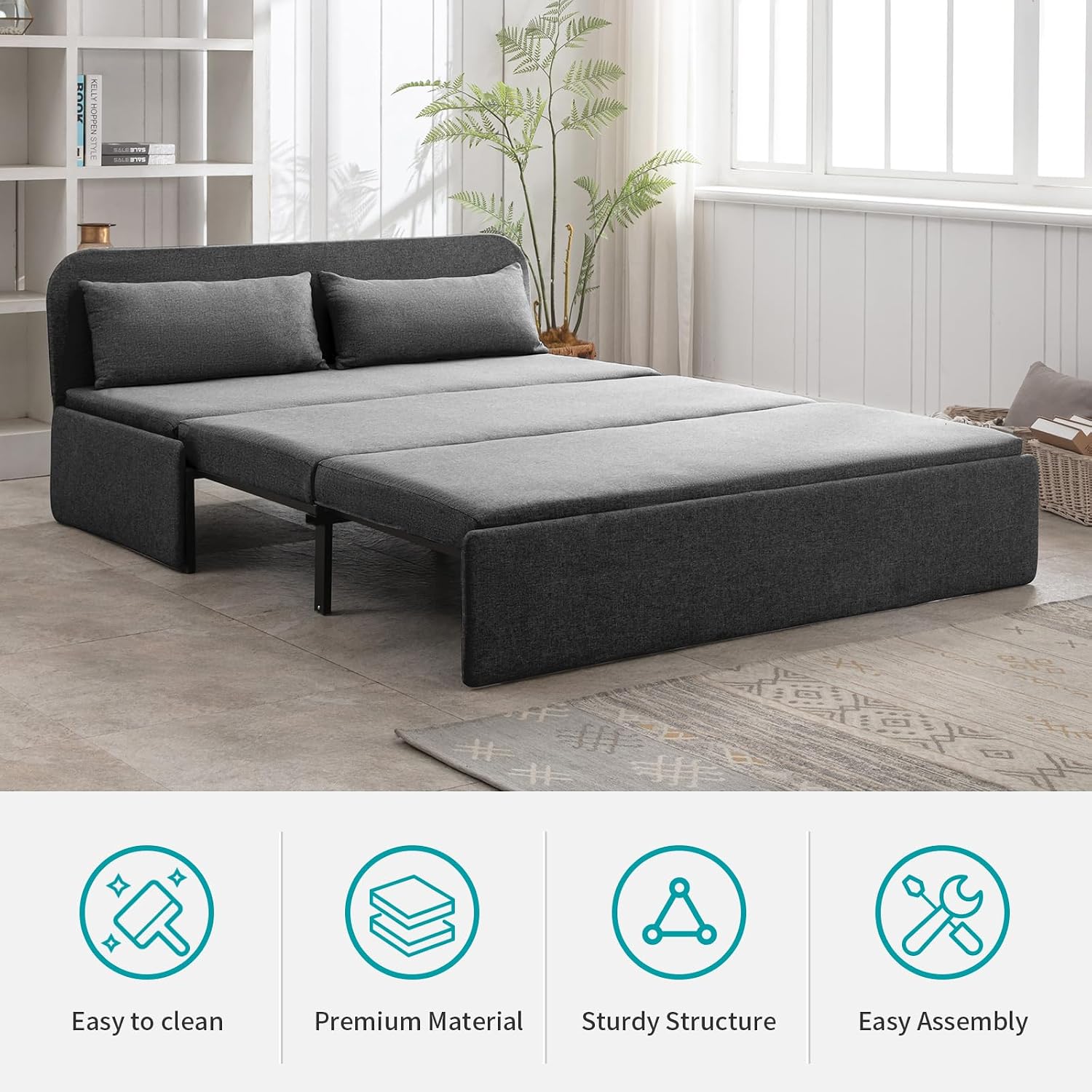 BALUS 61' Queen Sofa Bed Couch Convertible Sleeper with Pullout Beds, Folding Sofabed Guest Bed with 2 Pillows, Tri-fold Mattress Sofas Armless Loveseat for Living Room Apartment Loft - Dark Gray