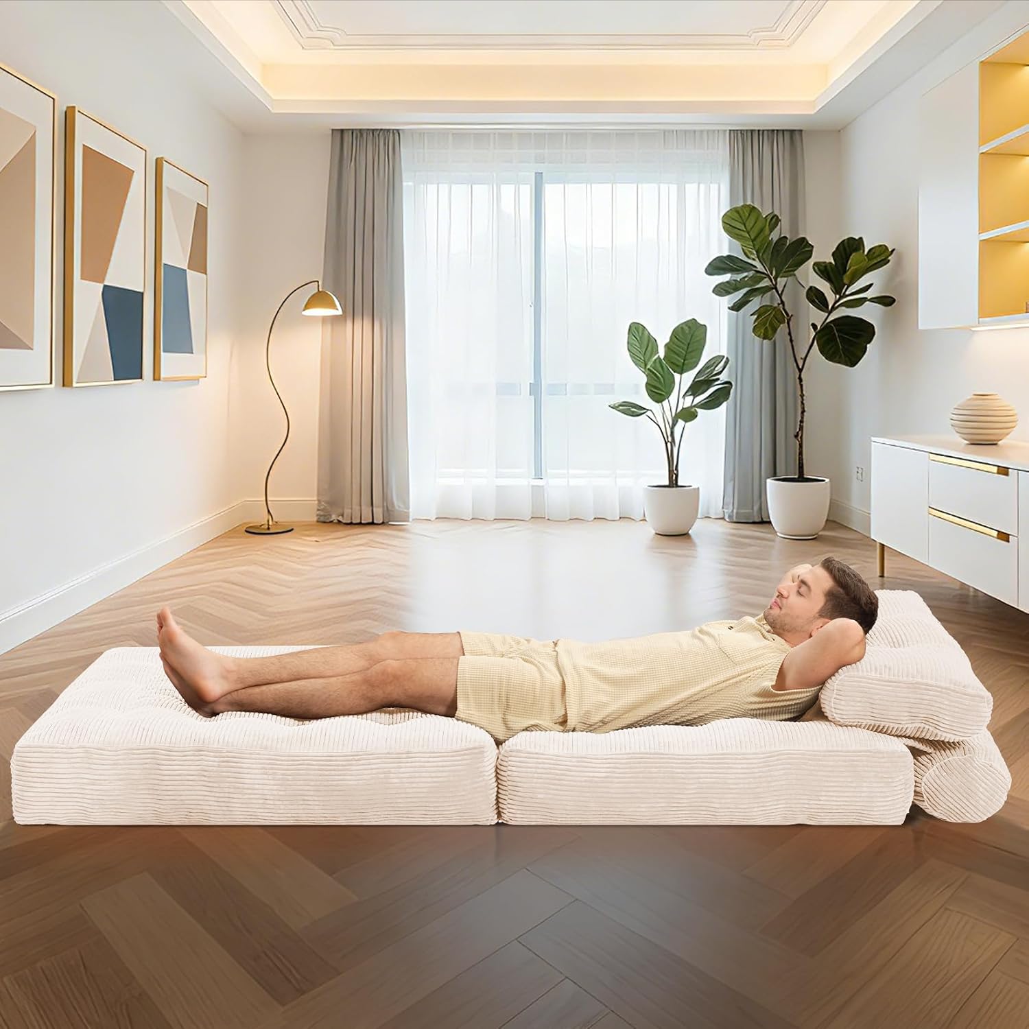 HABUTWAY Folding Sofa Bed, Convertible Sleeper Chair Bed w/Dual-Pillow & Handle, Foldable Floor Sofa Lounge w/Back Support for Living Room, Bedroom, Apartment, Office, Single, Beige