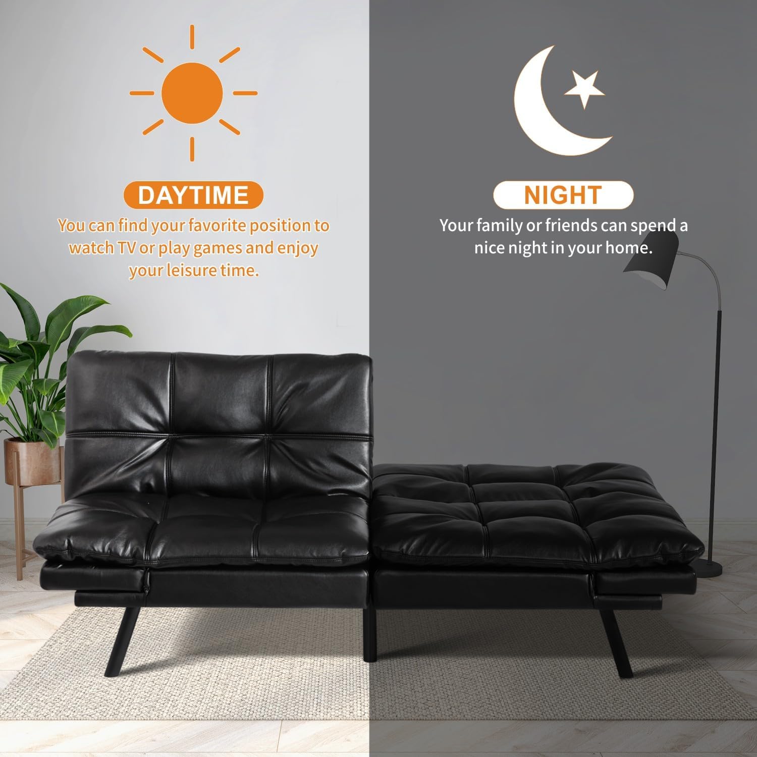 MUUEGM 71-Inch Convertible Futon Sofa Bed with Adjustable Backrest & Removable Armrests, Foldable Sleeper Loveseat for Small Space Living Room, Studio Apartment, Home Office，Black