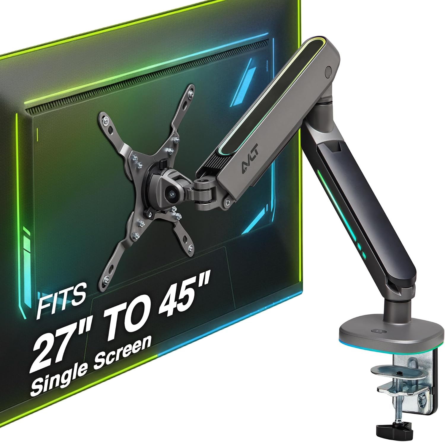 AVLT Single 27'-45' RGB Gaming Monitor Arm Desk Mount Built-in 20 Lighting Modes Touch Button Control Fits Flat/Curved/Ultrawide Screens Height Swivel Tilt Rotation Adjustable Stand -Dark Gray