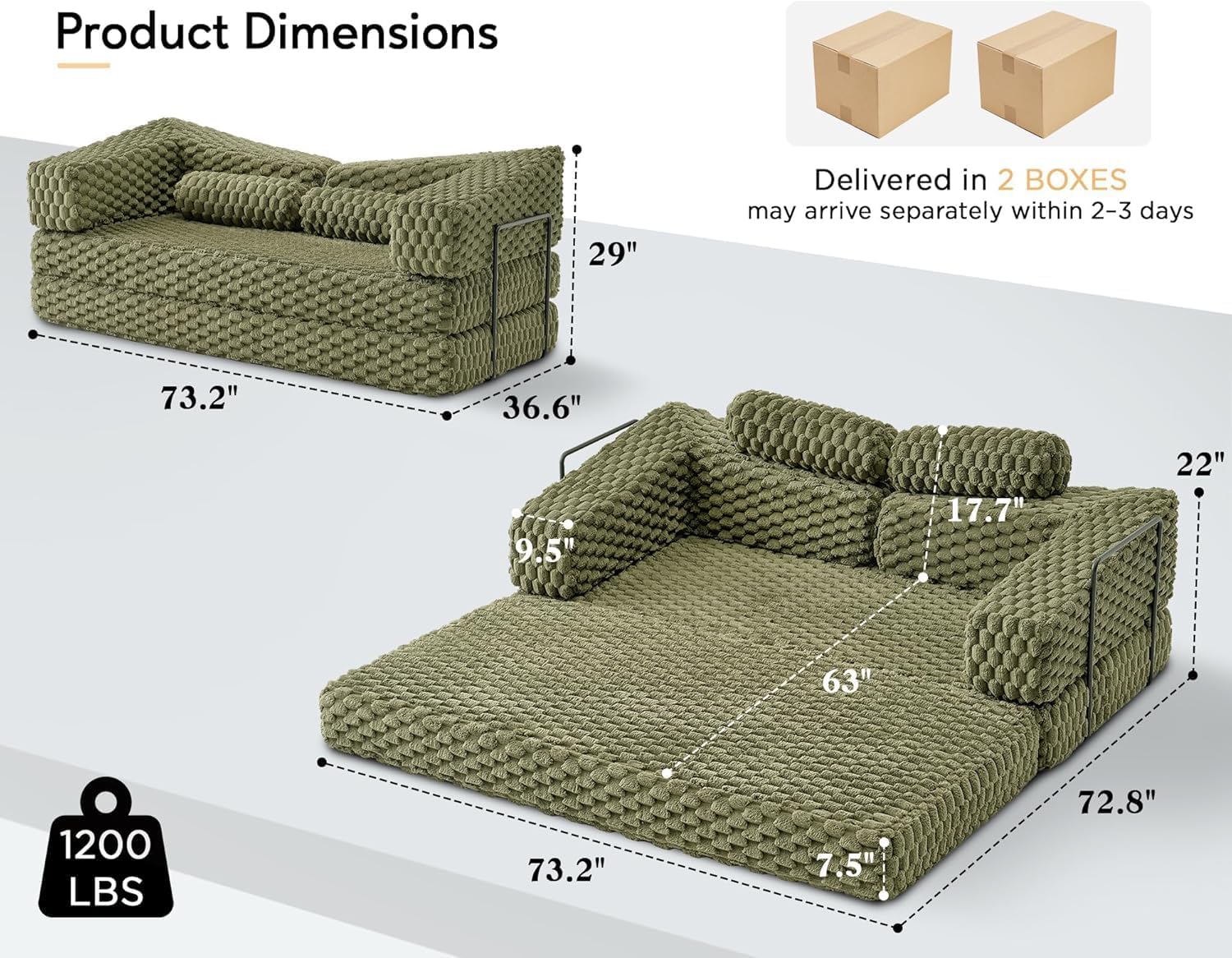 VanAcc Futon Sofa Bed, Convertible Futon Couch with Plush Faux Fur, No Assembly Mattress Futon Sofa for Living Room, Apartment, Bedroom, Green