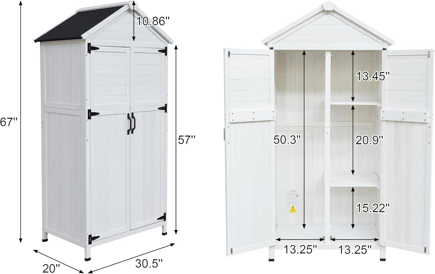 GDFStudio 67' Fir Wood Storage Shed 2 Doors Design Outdoor Tool Storage House Cabinet with Sloped Roof & 4 Interior Compartments for Garden Patio Backyard, White