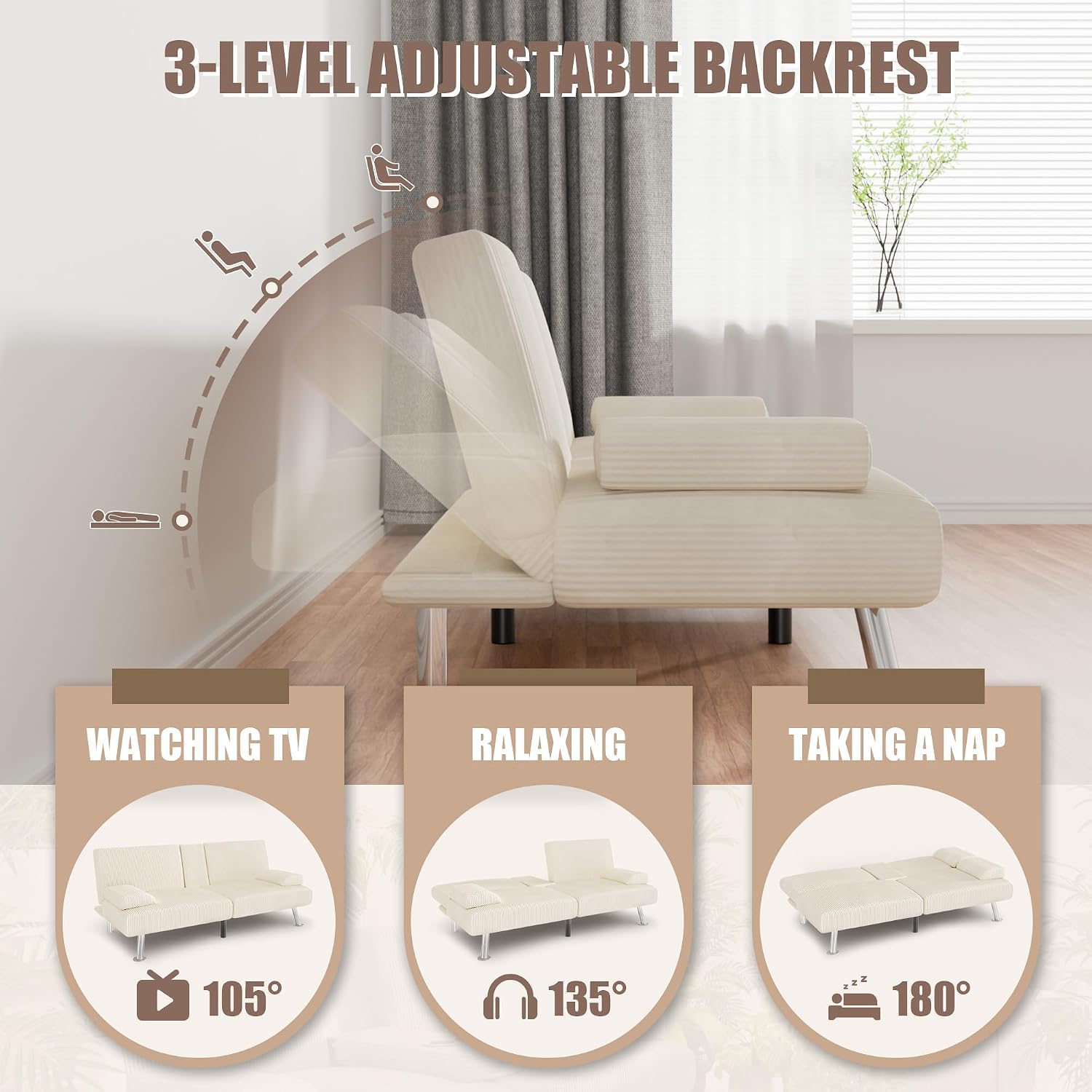 YESHOMY Futon Sofa Bed, Futon Couch with Adjustable Backrest, Convertible Sleeper Sofa with Removable Armrests, Loveseat in Corduroy with 2 Cup Holders for Living Room, Apartment (Beige)