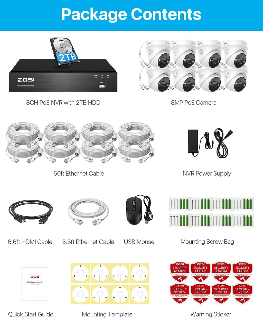 ZOSI 8CH 4K HD PoE Security Camera System with 2TB Hard Drive, 8CH 8MP NVR with 8 x 4K Dome Surveillance Cameras, Person Vehicle Detection, 2 Way Audio, Color Night Vision, for 24/7 Recording
