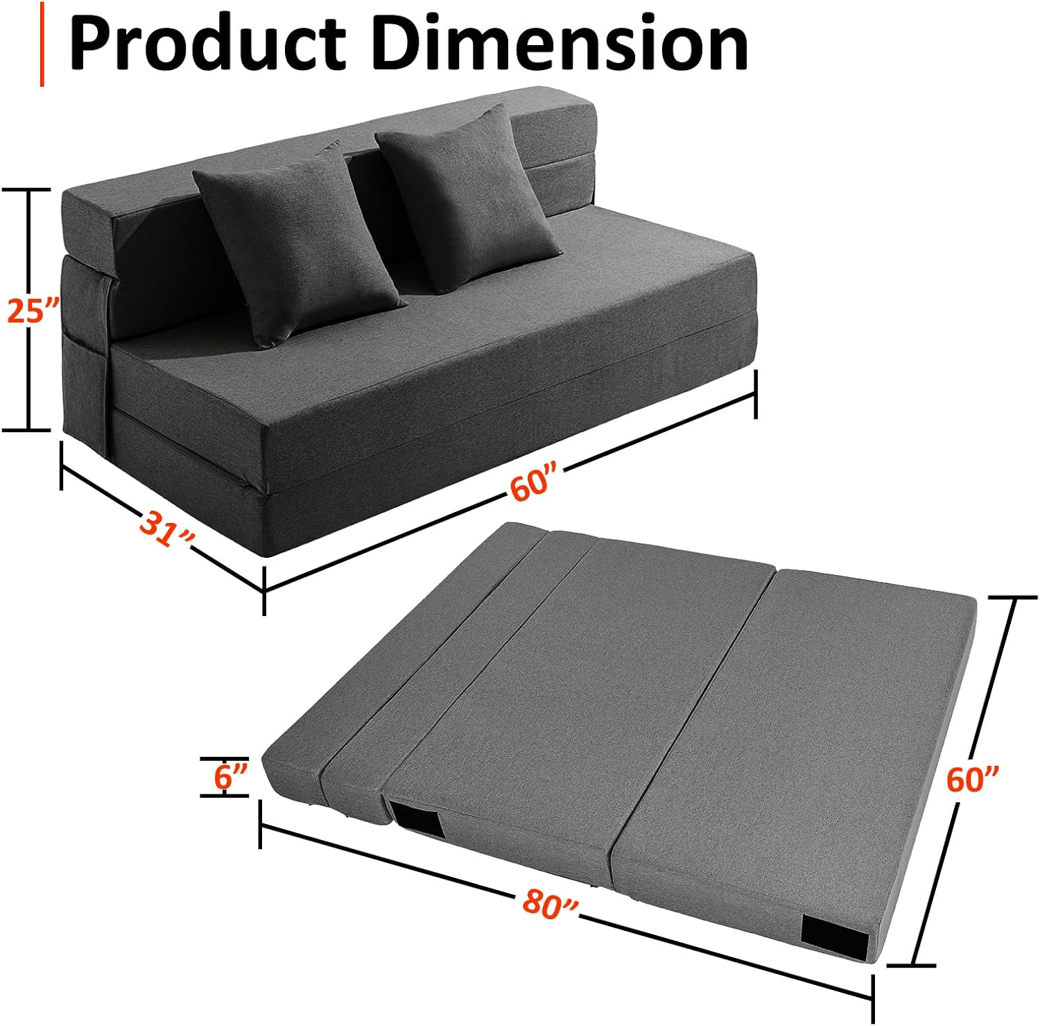 JKMAX Queen Size Folding Sofa Bed - 4 in 1 Sleeper Chair with Two Pillows - High Density Memory Foam Futon Couch - Convertible Folding Bed with Washable Modern Linen Cover for Apartment (Dark Grey)