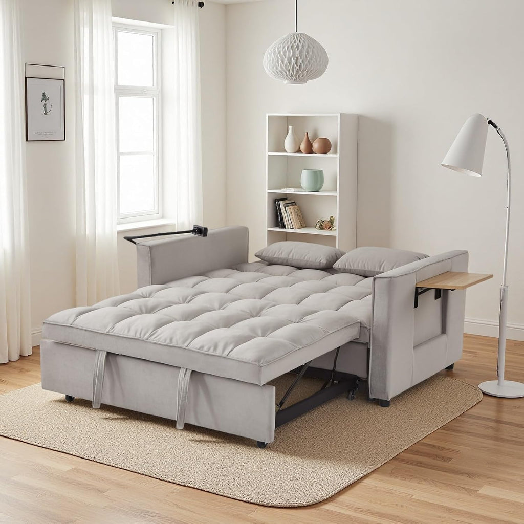 Loveseat Sleeper Sofa, 3 in 1 Convertible Sofa Bed, Adjustable Backrest Comfy Pull Out Couch, Modern Upholstered Sofa for Living Room Bedroom Apartment Small Space (Grey with Side Table)