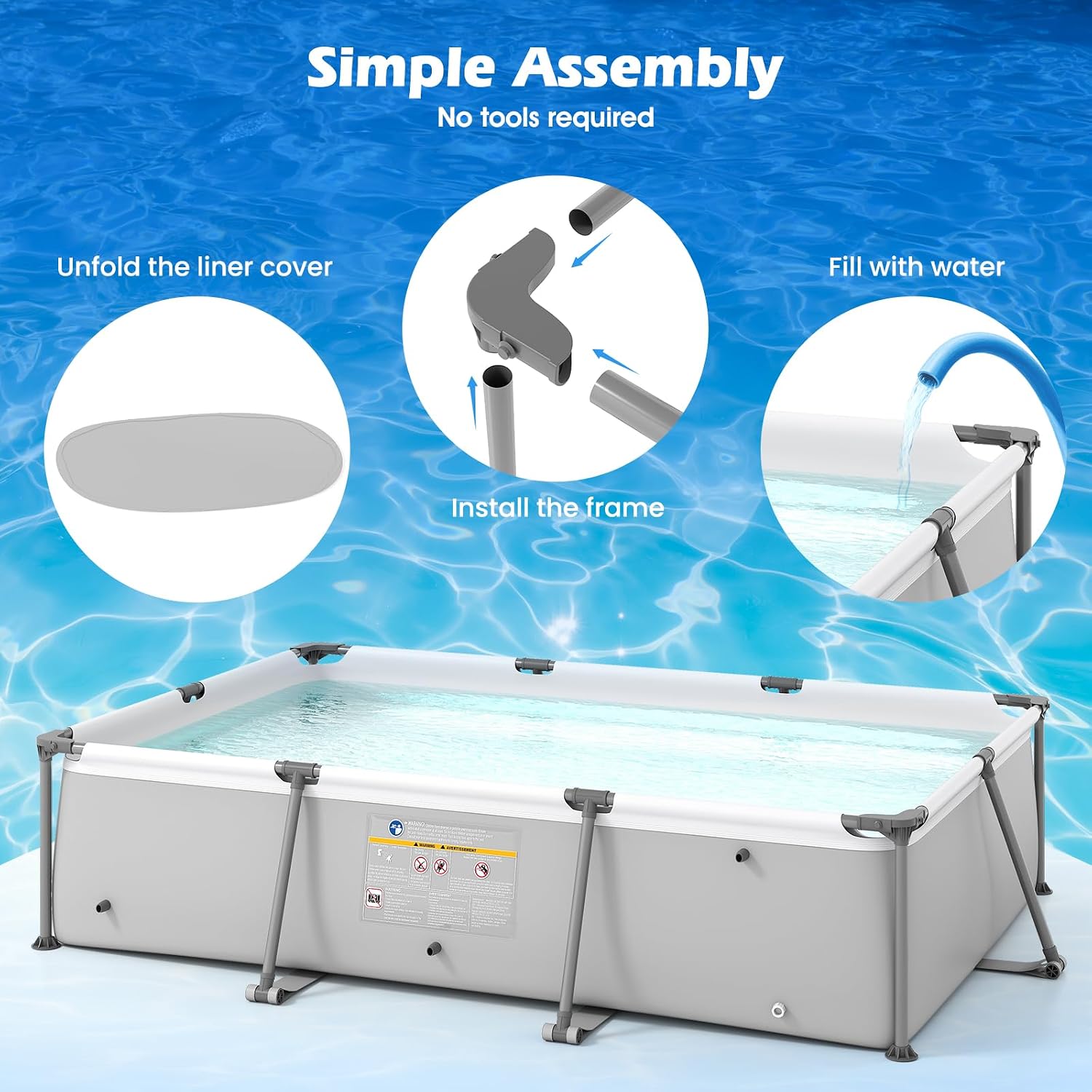 GYMAX 10' x 6.8' x 26' Metal Frame Above Ground Swimming Pool, Outdoor Backyard Famliy Pool w/Puncture-Resistant Fabric, Drainage Valve Connector for Kids & Adults (10' x 6.8' x 26', Rectangle, Grey)