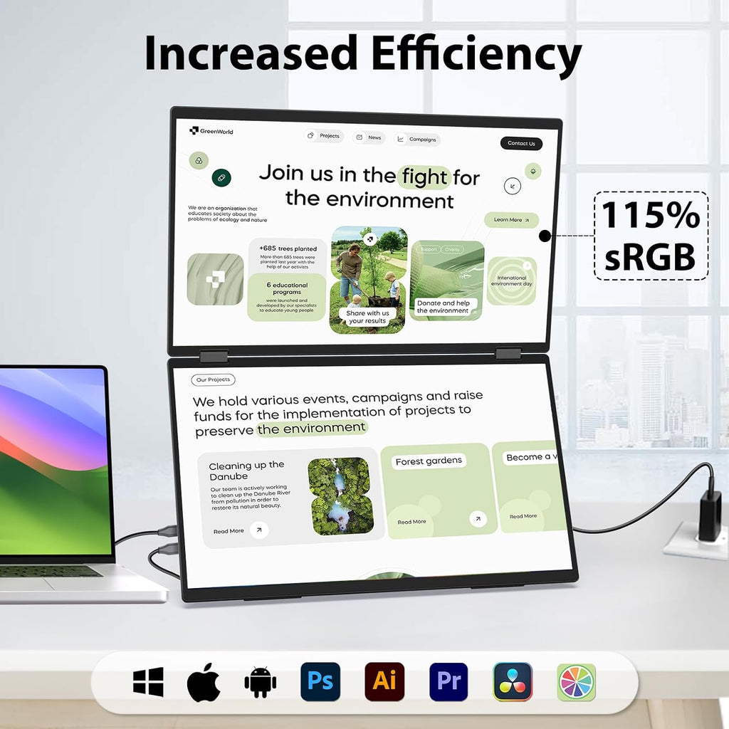 InnoView 18.5' 100Hz Dual Portable Monitor Built-in Speakers 115% sRGB 315°Adjustable Dual Stacked Folding Monitor (Wins/Mac) 1080P Laptop Screen Extender for Laptop(No Driver Needed)