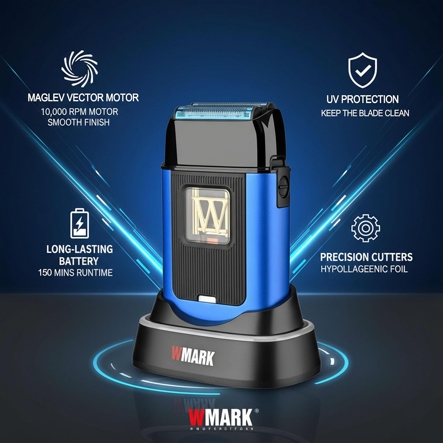 WMARK Electric Foil Shavers for Men Electric Razor for Men Cordless Beard Shaver with UV Protection, Maglev Vector Motor 10000RPM, Blue-Titanium 3-Blade Floating, USB-C Rechargeable NG-XS1 UV