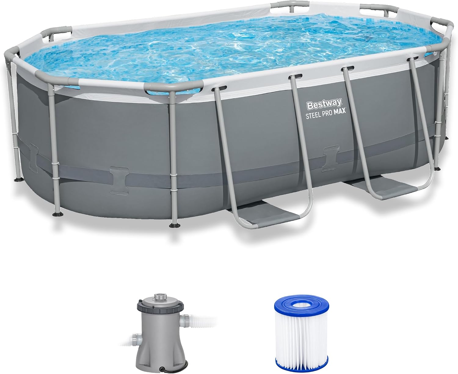 Bestway Steel Pro MAX 10' x 6'7' x 33' Oval Above Ground Swimming Pool Set, 330 GPH Filter Pump, Tritech Puncture Resistant Liner, ClickConnect Steel Frame, Gray