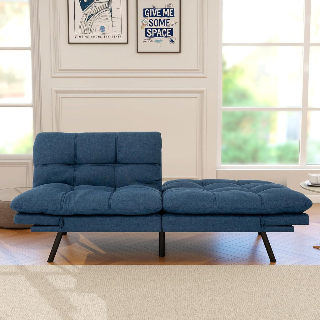 Opoiar Futon Sofa Bed Modern Memory Foam Sleeper Sofa Convertible Navy Couch Adjustable Armrest&Backrest Leather Futon for Living Space,Apartment,Office Sofabed
