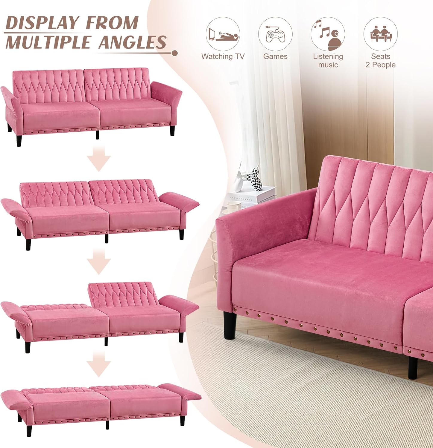 77' Velvet Sofa Bed with Adjustable Armrests and Backrests,Tufted Convertible Futon Couch with Nailhead Trim, Loveseat Modern Velvet Sleeper Sofa for Living Room,Bedroom,Office,Pink