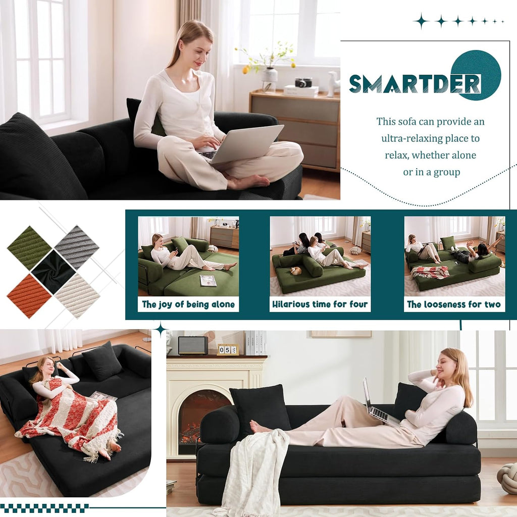 Convertible Folding Sofa Bed, Modular Floor Sofa with Removable Backrest, 3-Seater Fold Out Couch Bed with Pillows, King Size Futon Lazy Couch Corduroy Sleeper for Living Room, Dorm, Black
