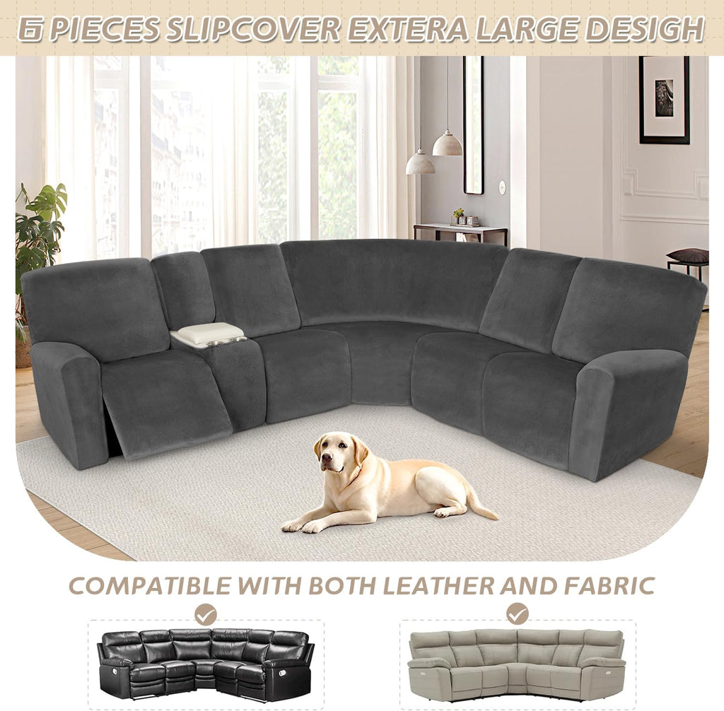 Arfntevss Sectional Recliner Couch Covers Velvet Washable Corner Sectional Sofa Cover for Reclining Stretch Soft Thick L Shape Recliner Slipcover Set (5 Seat with 1 Console Cover, Charcoal Gray)