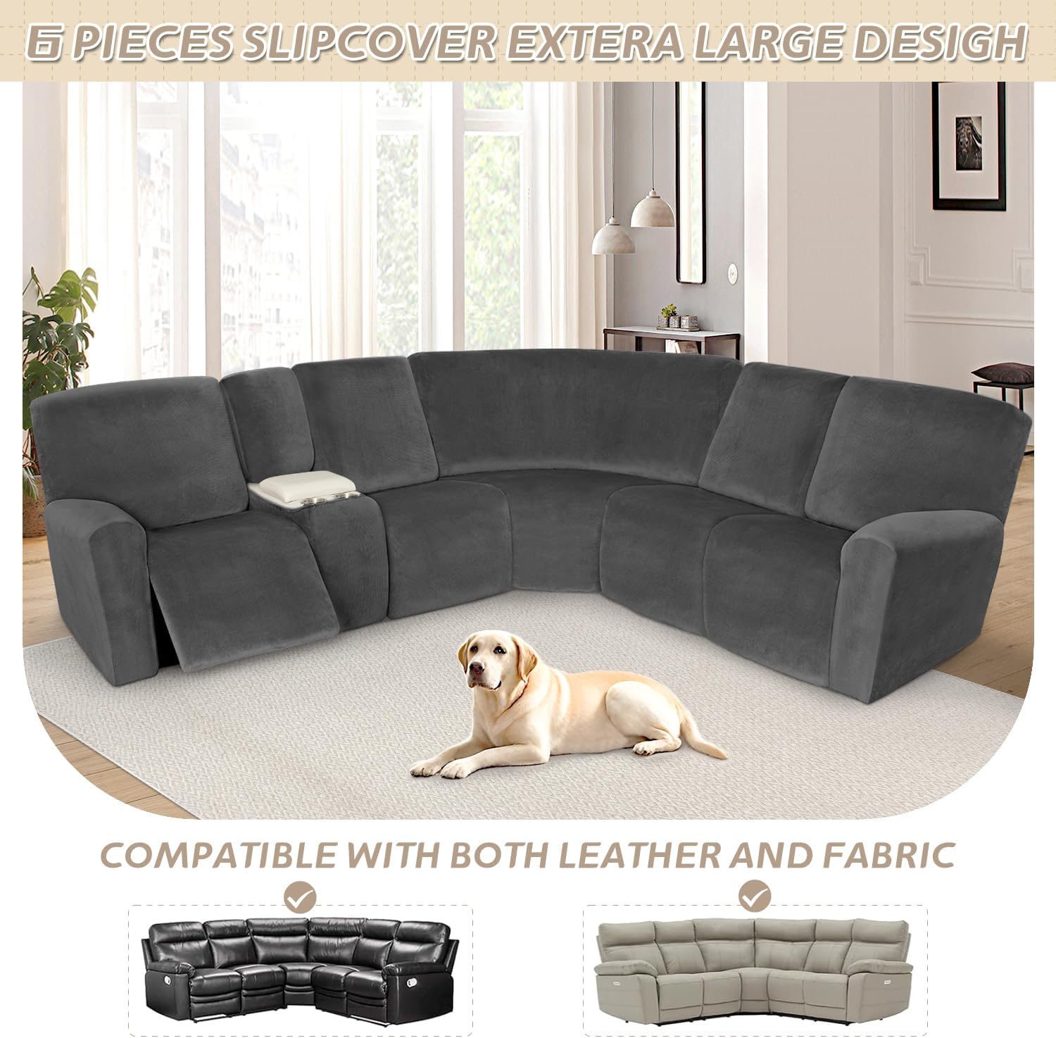 Arfntevss Sectional Recliner Couch Covers Velvet Washable Corner Sectional Sofa Cover for Reclining Stretch Soft Thick L Shape Recliner Slipcover Set (5 Seat with 1 Console Cover, Charcoal Gray)