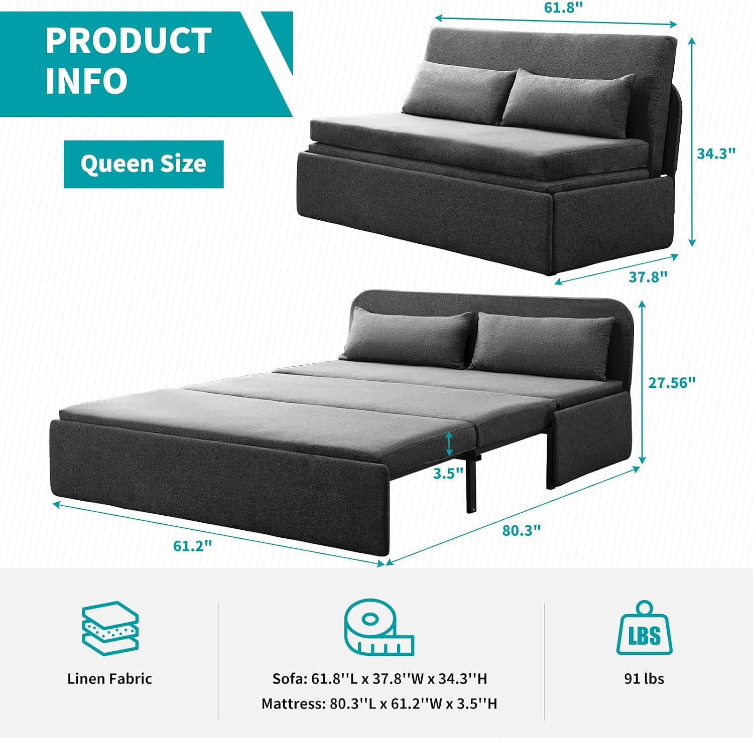 BALUS 61' Queen Sofa Bed Couch Convertible Sleeper with Pullout Beds, Folding Sofabed Guest Bed with 2 Pillows, Tri-fold Mattress Sofas Armless Loveseat for Living Room Apartment Loft - Dark Gray