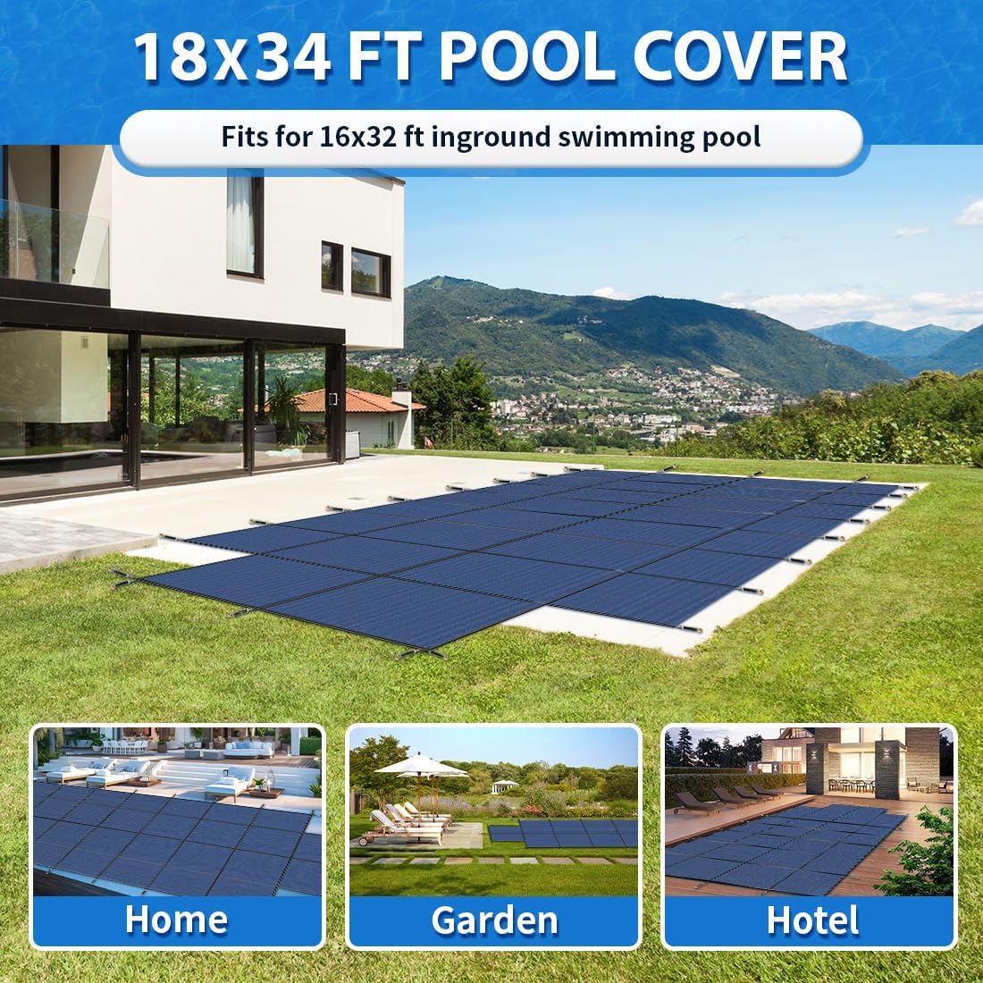iCOVER Inground Pool Safety Cover, Fits 16x32ft Rectangular Pools with 4x8ft Center End Step, Winter Pool Covers for Inground Pools, Safety Pool Covers, Triple Stitched High Strength, Blue