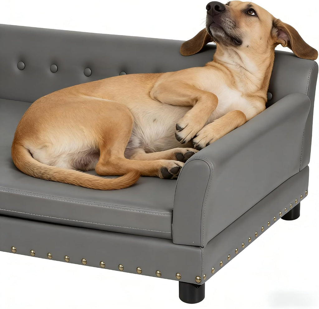 BingoPaw Large Leather Dog Sofa: Jumbo Pet Couch Made by Scratching Resistant Microfiber Leather - Indoor Elevated Dogs Chaise Bed for Doggy up to 120lbs