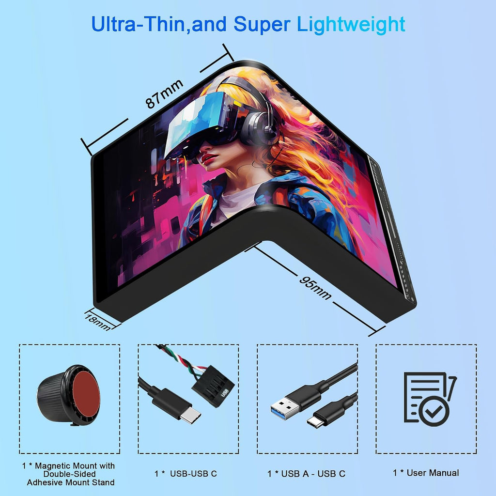 wisecoco Portable Water Cooling Curved Screen Monitor 6.5 inch 2K 2560×1440 IPS with Magnic Stand External Computer Laptop OLED Monitor for PC Laptop Desktop (Black)