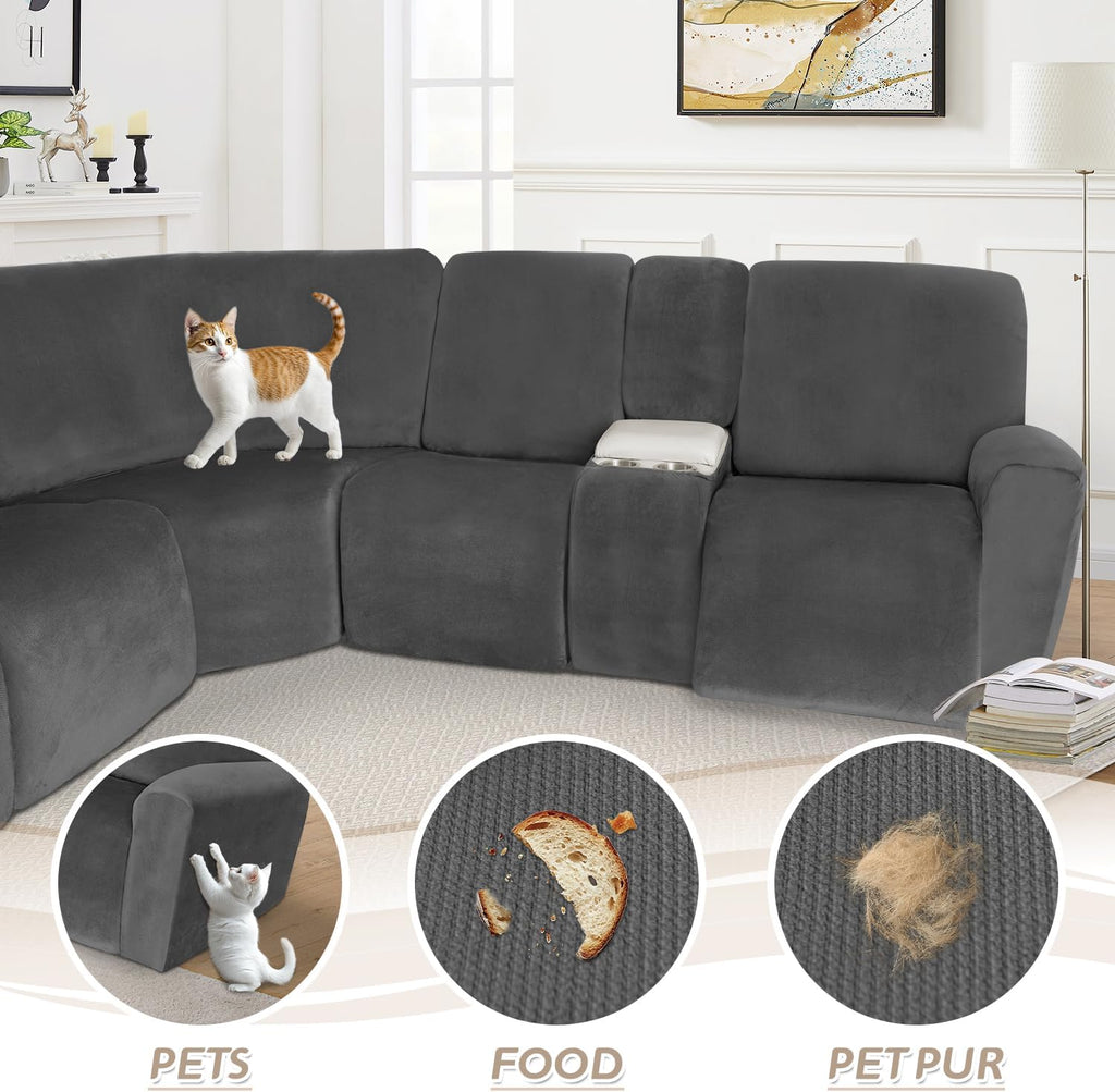 Arfntevss Sectional Recliner Couch Covers Velvet Washable Corner Sectional Sofa Cover for Reclining Stretch Soft Thick L Shape Recliner Slipcover Set (5 Seat with 1 Console Cover, Charcoal Gray)